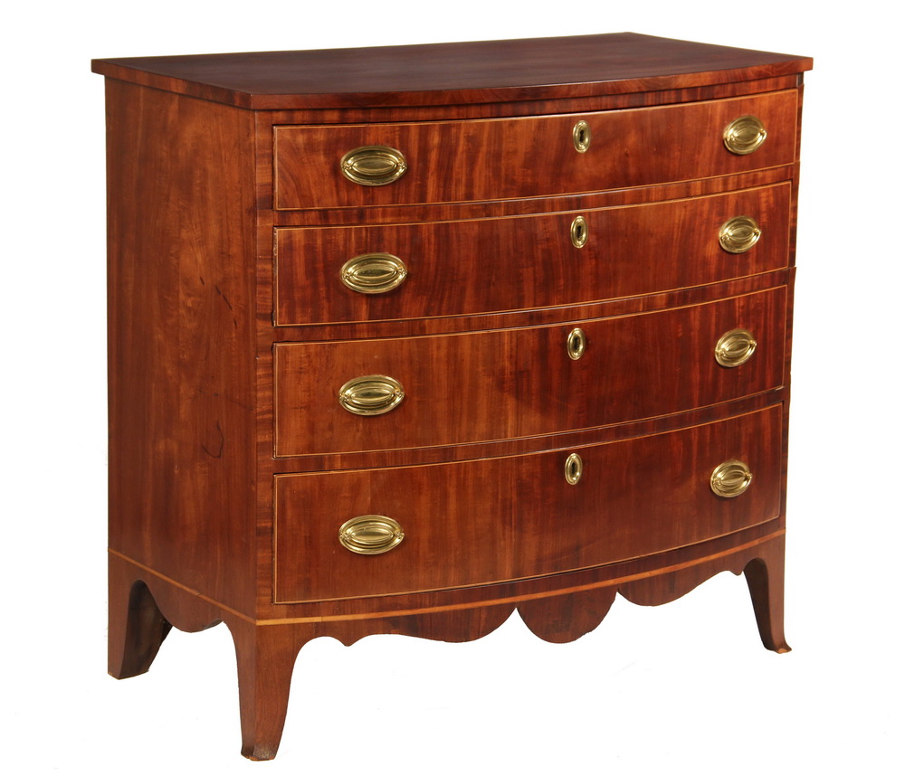 Appraisal: BOWFRONT CHEST - Hepplewhite Mahogany String Inlaid Dresser with overhanging