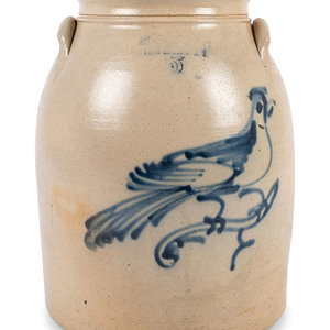 Appraisal: A Three-Gallon New York Stoneware Crock with Cobalt Freehand Bird