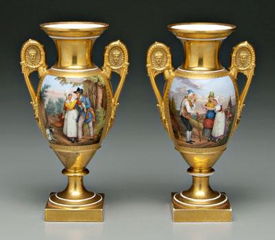 Appraisal: Pair Old Paris urns large panels with hand painted scenes