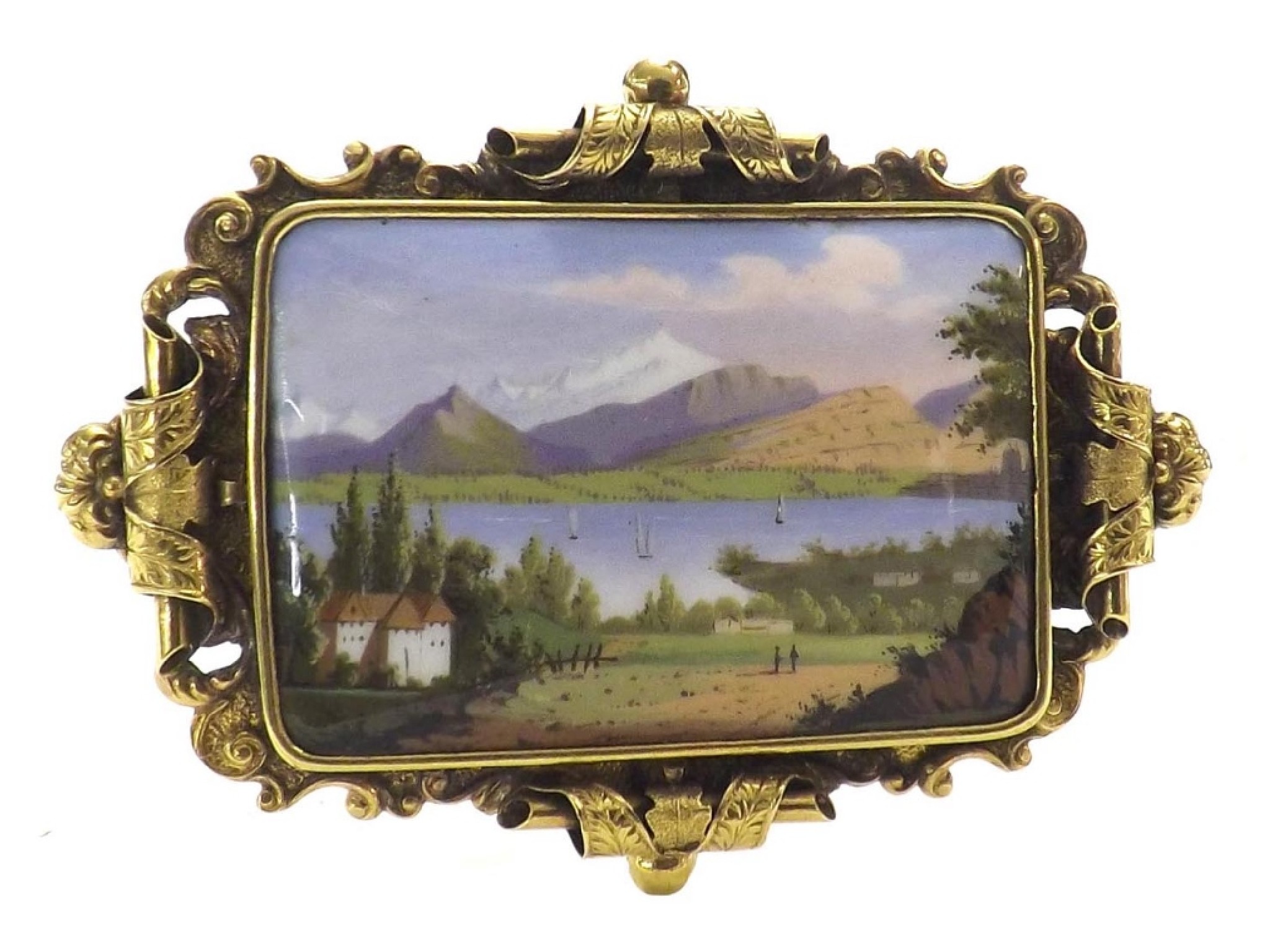 Appraisal: th century enamel brooch depicting a Swiss landscape in a