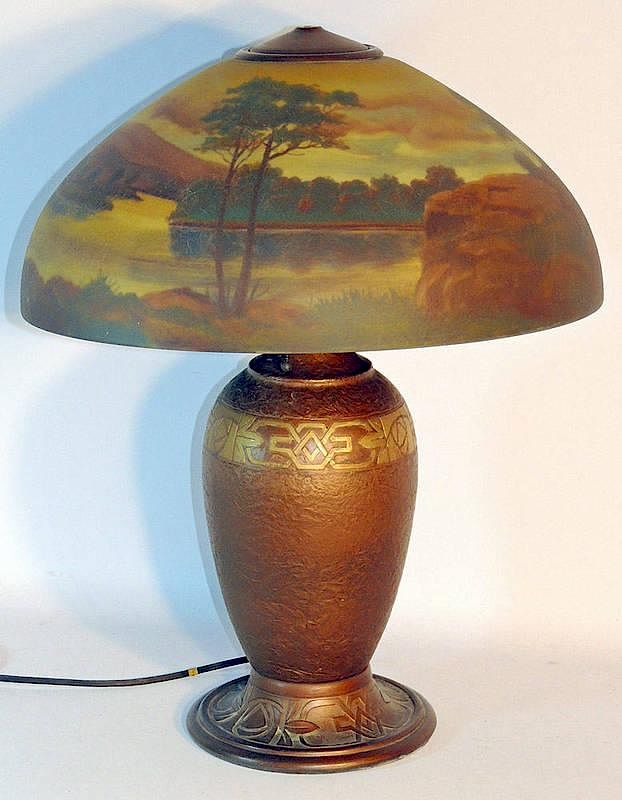 Appraisal: Jefferson Table Lamp First quarter th Century With reverse-painted landscape