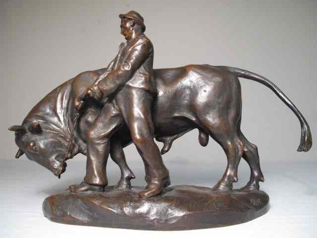 Appraisal: Adolf Pohl Bronze sculpture of a man with bull Signed