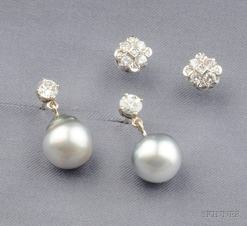 Appraisal: Two Pairs of Earrings silver baroque pearl and diamond earpendants