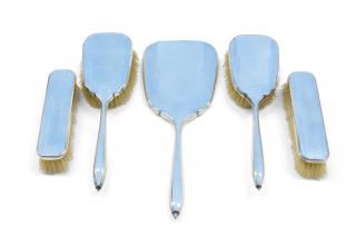 Appraisal: AN ENGLISH SILVER AND GUILLOCHE MOUNTED FIVE-PIECE DRESSING SET W