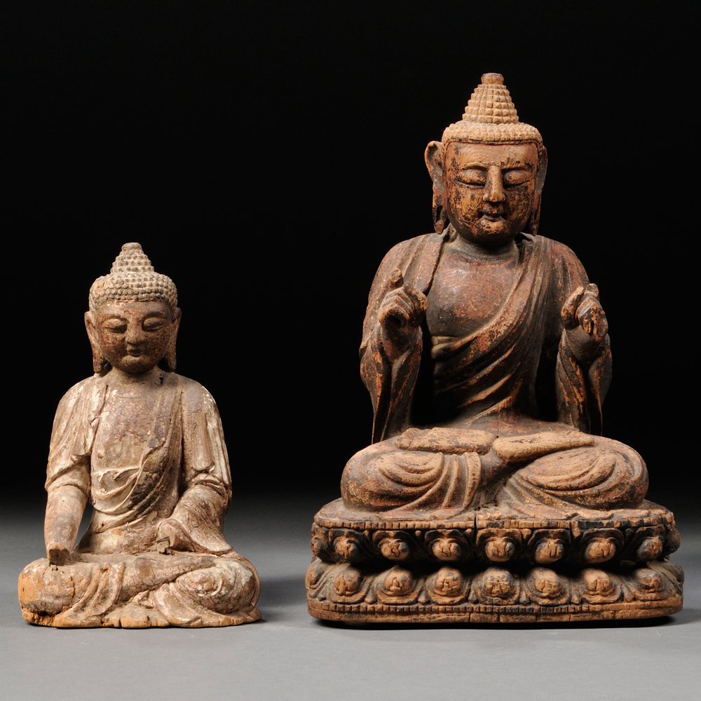 Appraisal: Two Wood Figures of Buddha China one seated on a