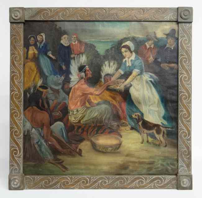 Appraisal: Early th c oil on canvas pilgrims and native Americans