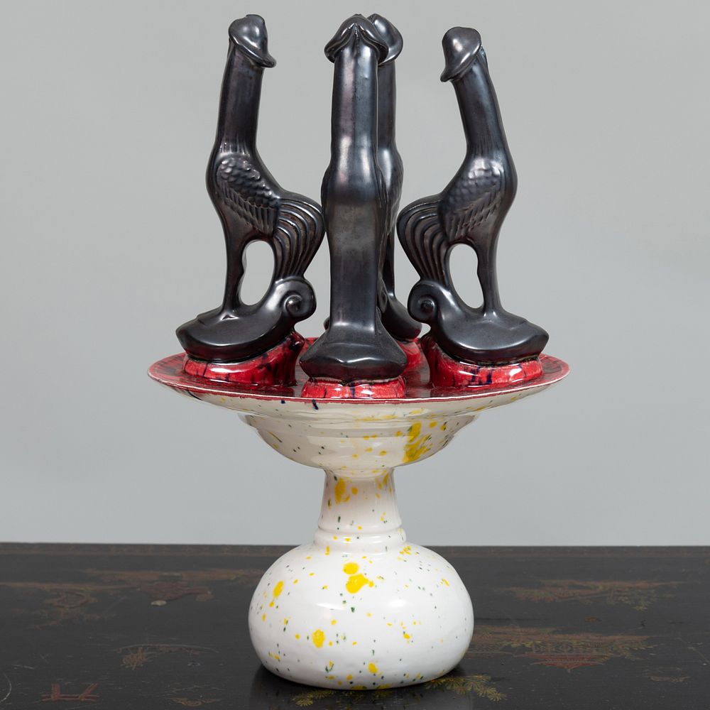 Appraisal: Modern Glazed Pottery Phallic Bird Sculpture Marked with a monogram