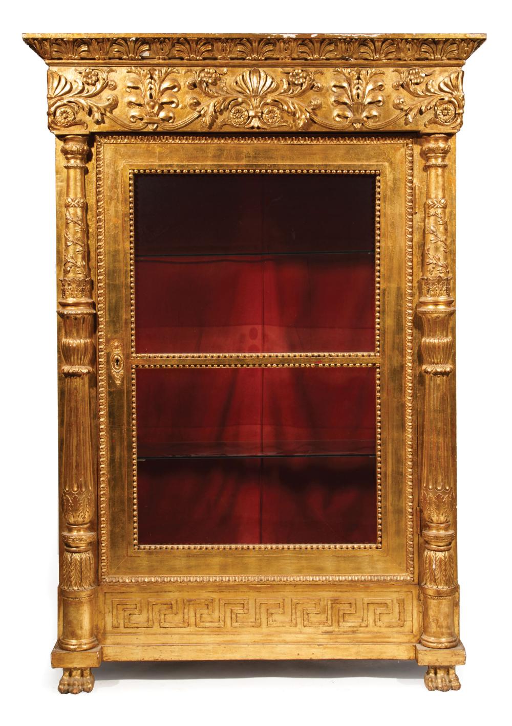 Appraisal: Monumental Carved and Gilt Vitrine Cabinet anthemion cornice and frieze