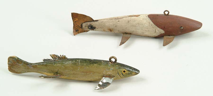 Appraisal: TWO ANTIQUE WOODEN FISH DECOYS Handmade decoys made of wood