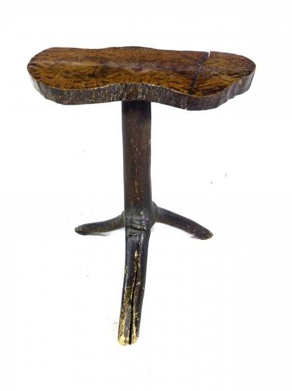 Appraisal: A 'RUSTIC BURR ELM TABLE on forked wood tripod cm