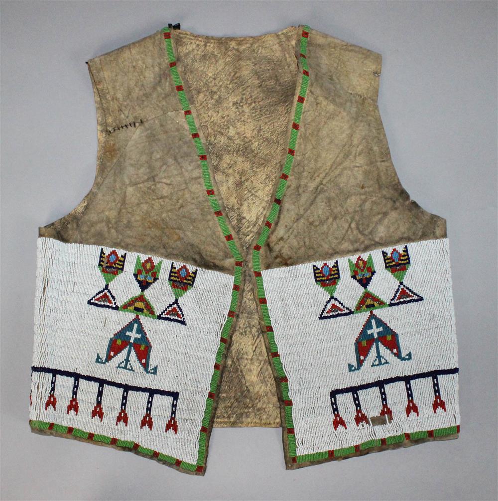 Appraisal: PLAINS BEADED HIDE MAN'S VEST LAKOTA Reservation period sinew-stitched height