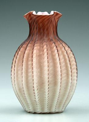 Appraisal: Brown mother-of-pearl zipper vase crimped rim pink interior ribbed and