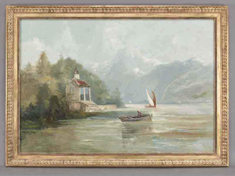 Appraisal: Alfred Godchaux ''Lake Como'' oil painting oncanvas Canvas ''H x