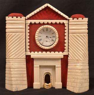 Appraisal: Ivory Clock Tower with Early Pocket Watch Carved Ivory Clock