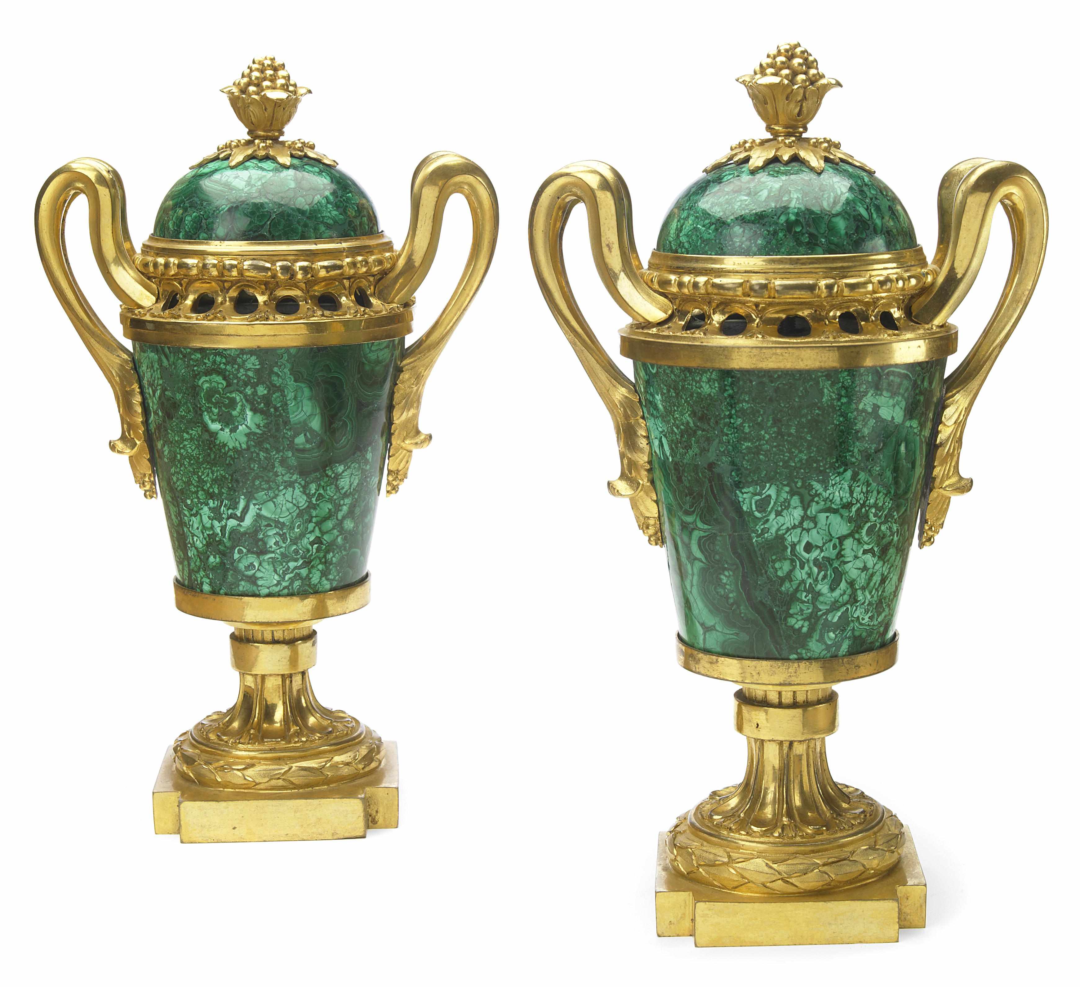 Appraisal: A pair of Louis XVI style gilt bronze and malachite