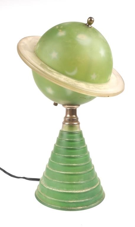 Appraisal: The green frosted glass planet shaped globe with reverse painted