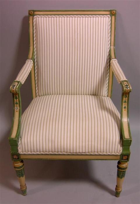 Appraisal: LOUIS XVI STYLE GREEN PAINTED ARMCHAIR Trouvailles Inc Watertown MA