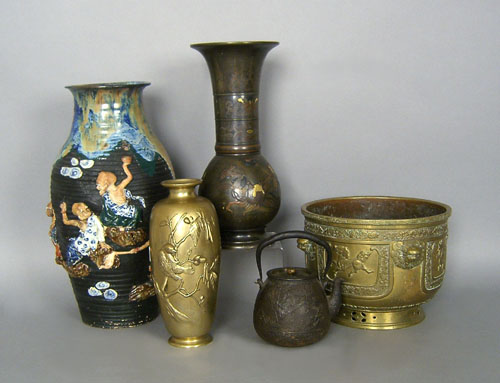 Appraisal: Japanese mixed metals urn h together with a brass vase