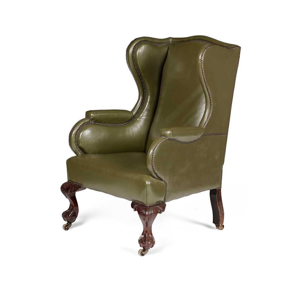 Appraisal: GEORGIAN STYLE MAHOGANY FRAMED GREEN LEATHER WING ARMCHAIR TH CENTURY