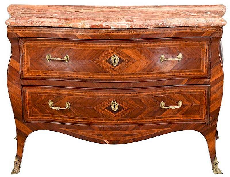 Appraisal: Italian Louis XV Inlaid Bombe Commode Continental th century variegated