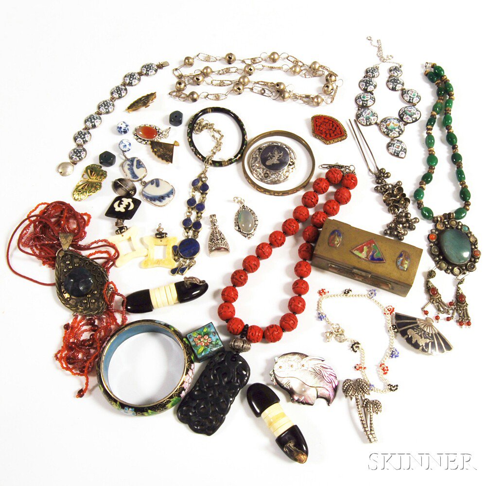 Appraisal: Group of Asian Jewelry including a cinnabar bead necklace a