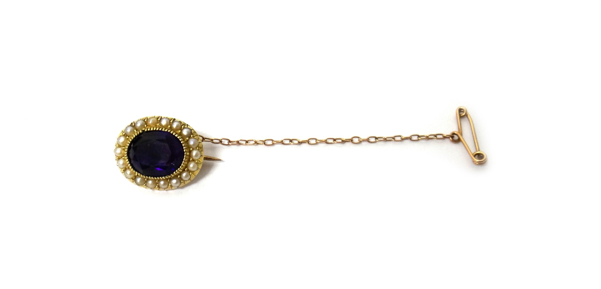 Appraisal: A gold amethyst and seed pearl set oval brooch mounted