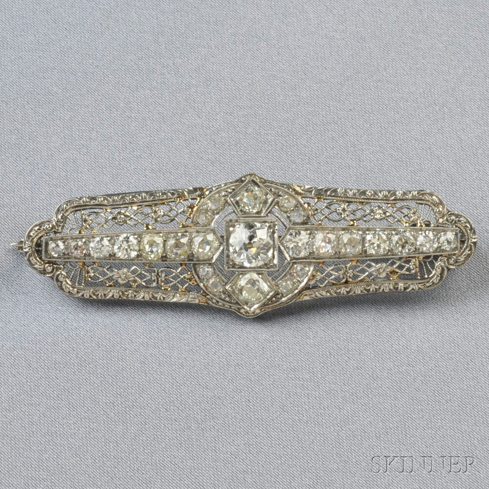 Appraisal: kt White Gold and Diamond Brooch set with old mine-cut