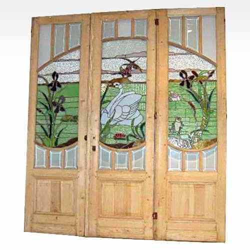 Appraisal: A Set of Three Belgian Leaded and Stained Glass Doors