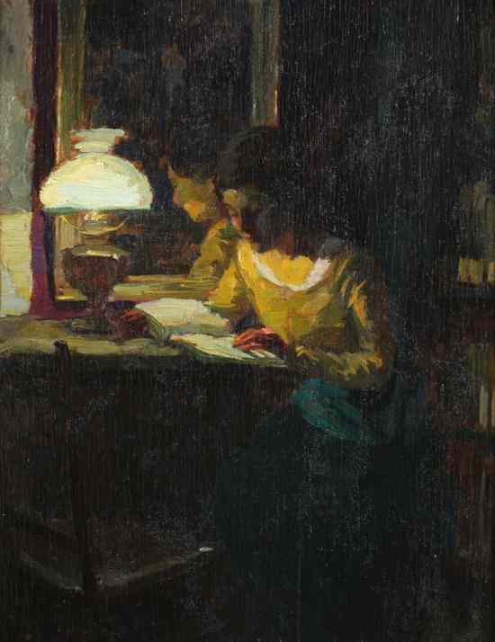 Appraisal: AUGUST ROLLER German - GIRL READING BY MIRROR oil on