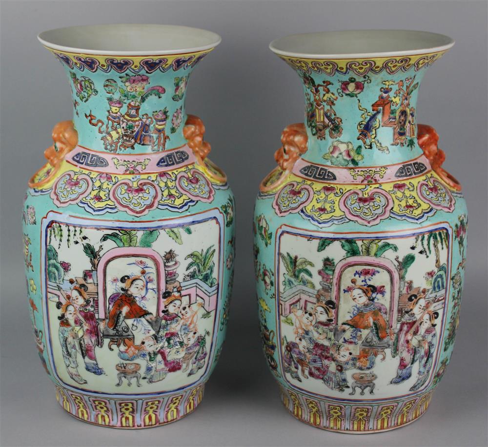 Appraisal: PAIR OF CHINESE PALE BLUE GROUND AND FAMILLE DECORATED VASES