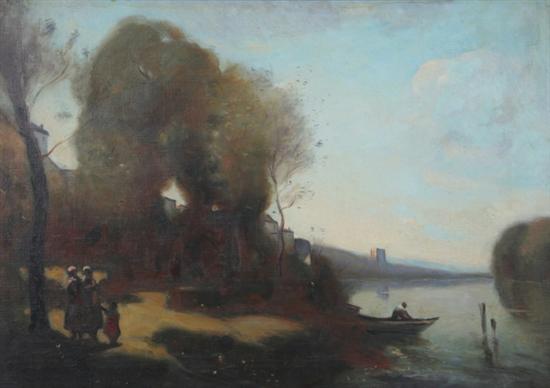 Appraisal: CONTINENTAL SCHOOL th century ALONG THE RIVER BANK oil on