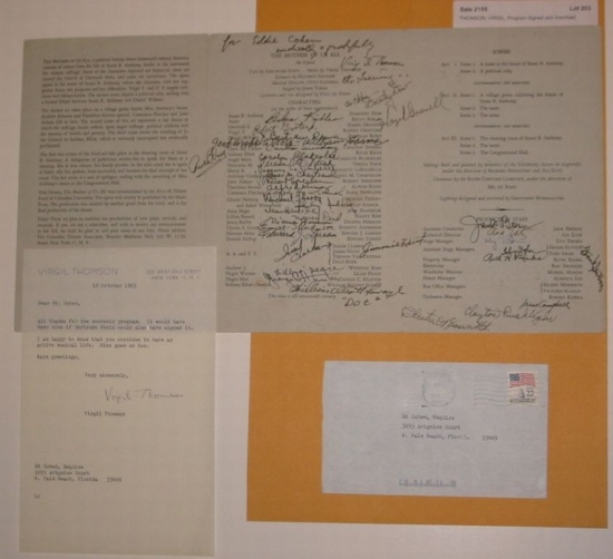 Appraisal: THOMSON VIRGIL Program Signed and Inscribed to Edward Cohen from