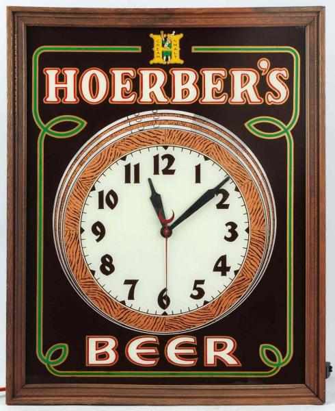 Appraisal: Hoerber's Beer Reverse Glass Light-Up Clock Sign Glass and paint