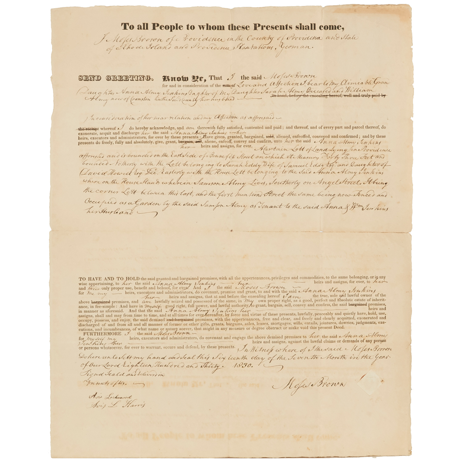 Appraisal: DEED MOSES BROWN RHODE ISLAND ABOLITIONIST Deed of gift transferring