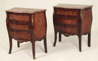 Appraisal: PAIR OF FRENCH LOUIS XV STYLE INLAID MARBLE TOP COMMODES