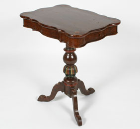 Appraisal: Paint decorated table with turned pedestal base curved surface single