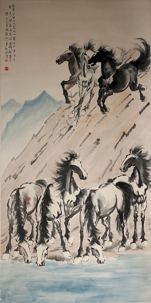 Appraisal: Chinese Scroll Painting of Horses Xu Beihong Chinese Scroll Painting