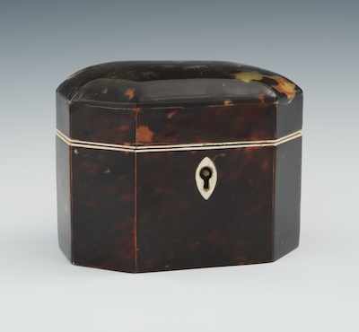 Appraisal: An Antique Tortoise Clad Tea Box Elongated hexagonal shape tortoise