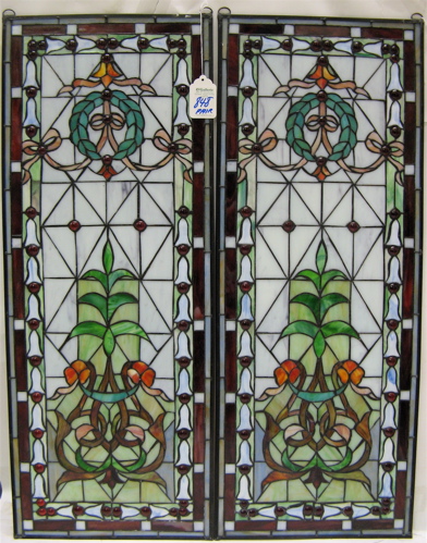 Appraisal: PAIR STAINED AND LEADED GLASS WINDOW PANELS Each having upper