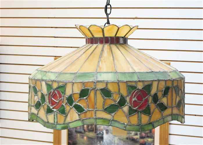 Appraisal: HANGING LEADED GLASS LIGHT SHADE red rose pattern ''D