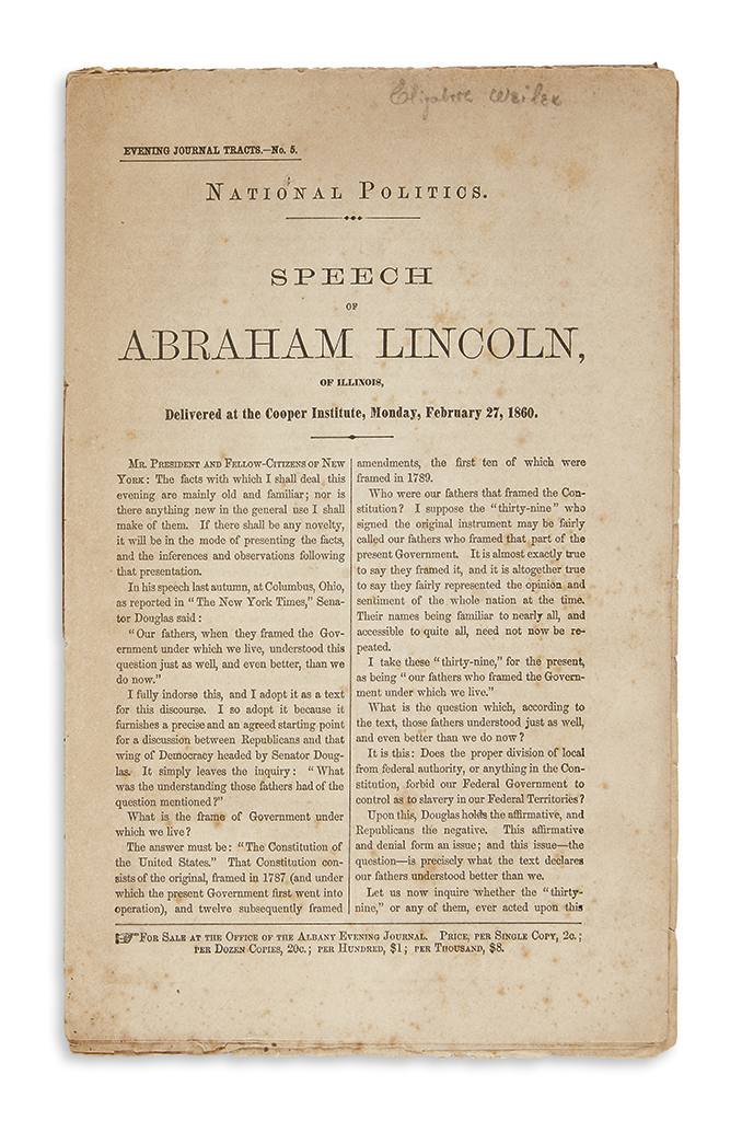 Appraisal: LINCOLN ABRAHAM Evening Journal Tracts No National Politics Speech Delivered