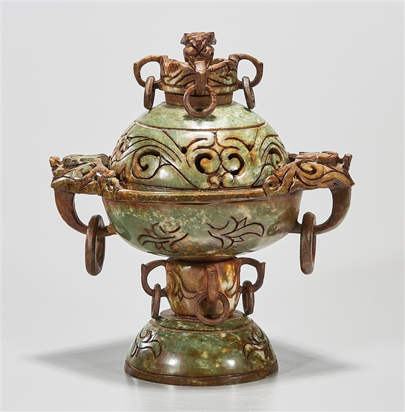 Appraisal: Chinese jade or hardstone covered censer with openwork design to