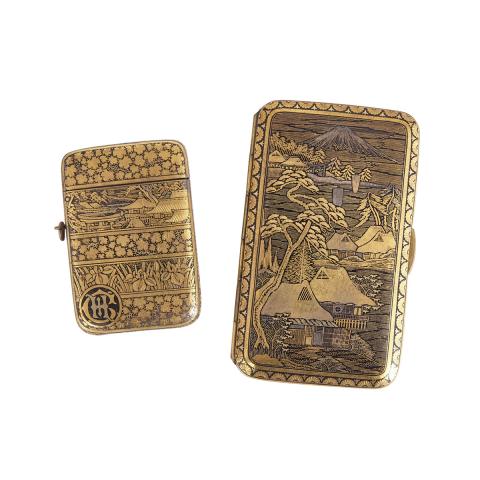 Appraisal: Two Japanese Komai Style Shakudo Tobacco Box and Lighter Circa