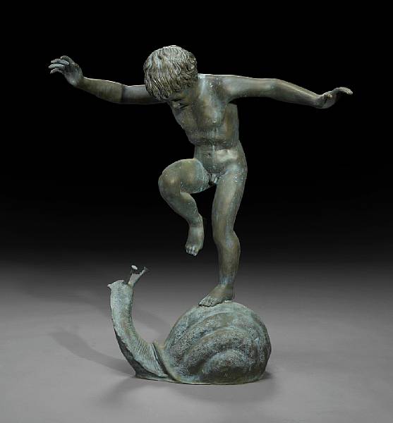 Appraisal: A patinated bronze figure Modeled as a boy balanced on