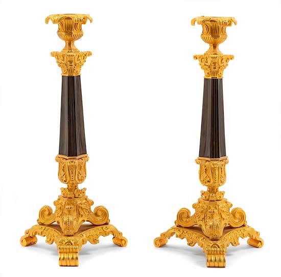 Appraisal: A Pair of Continental Gilt Bronze Candlesticks Height inches A