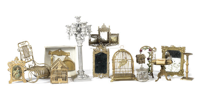 Appraisal: Miniature gilt bird cages and accessories lot Including square based