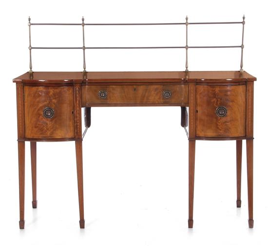 Appraisal: English inlaid mahogany bowfront sideboard circa brass gallery drawer flanked