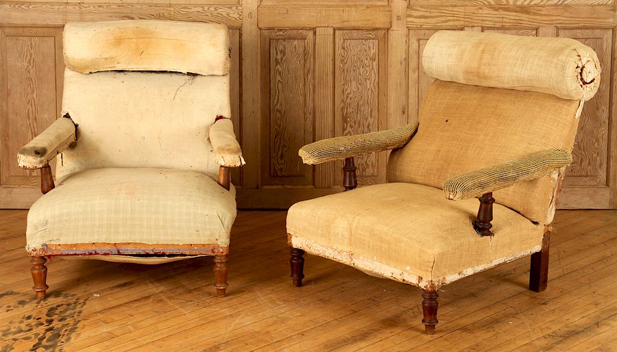 Appraisal: PAIR NAPOLEON III STYLE WALNUT LIBRARY CHAIRS A large scale