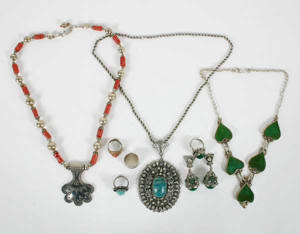 Appraisal: Ethnic silver jewelry including an Egyptian silver ring with scarab