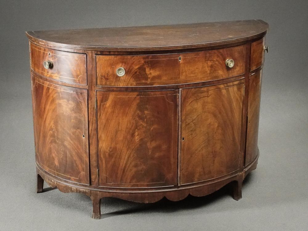 Appraisal: FEDERAL SATINWOOD AND CROSSBANDED FIGURED MAHOGANY DEMILUNE SIDEBOARD PROBABLY PHILADELPHIA